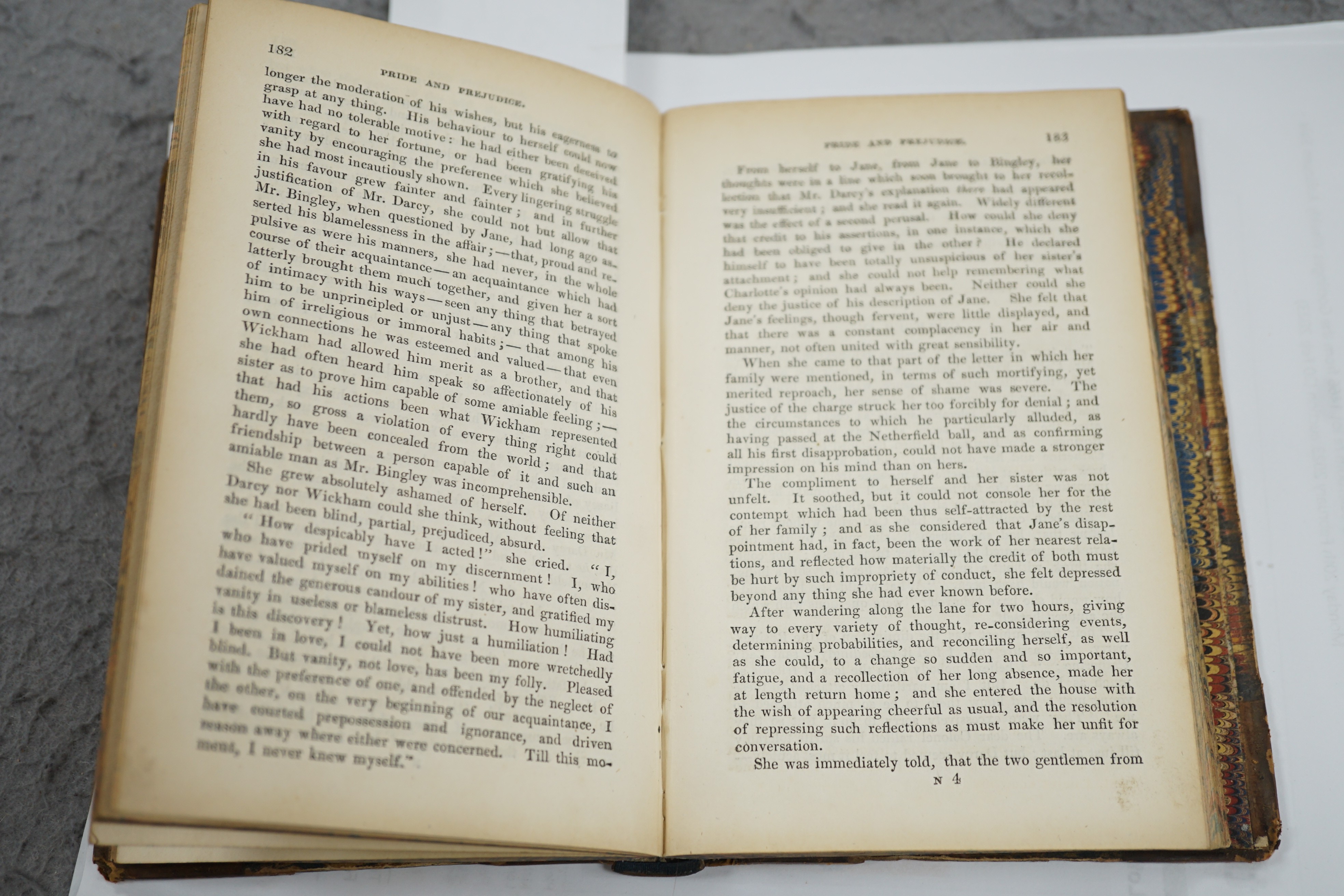 Austen, Jane - Pride and Prejudice. A Novel. First Collected Edition. pictorial engraved and printed titles, frontis; mid 19th century half calf and marbled boards, panelled spine with black label
